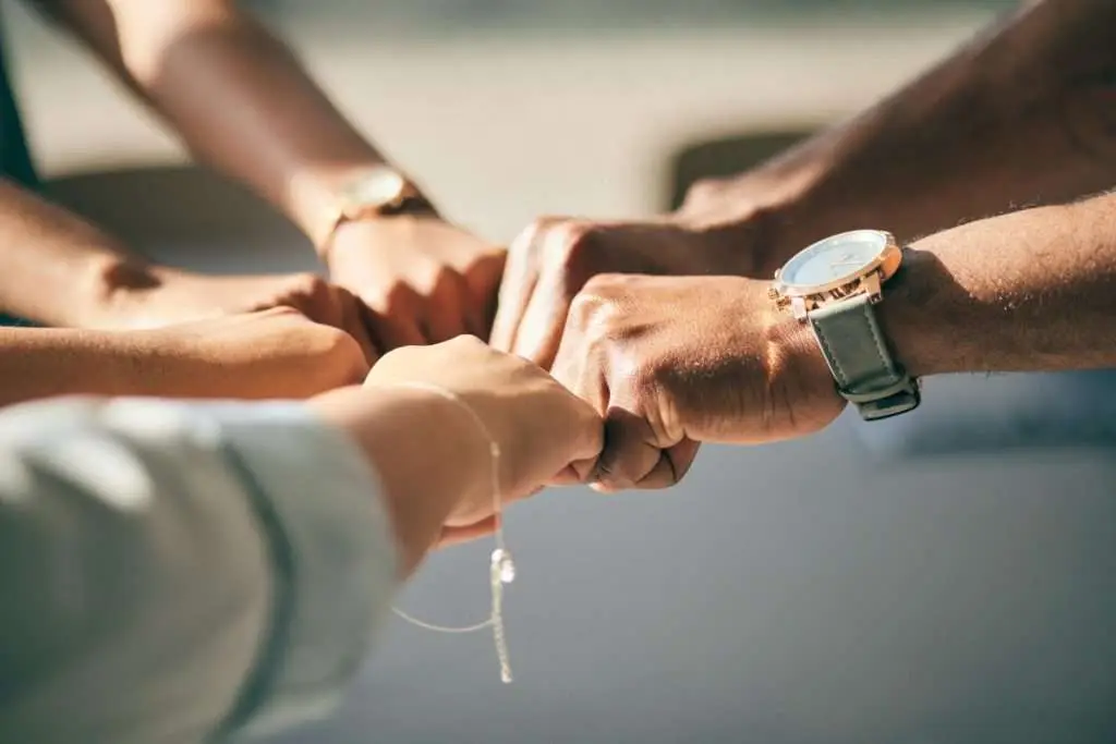 Diverse hands fist bumping in unity.